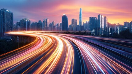 Fototapeta premium Vibrant Cityscape with Illuminating Highways at Colorful Sunset in Bustling Metropolis