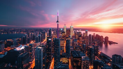Naklejka premium Vibrant Cityscape with Stunning Sunset Skyline and Illuminated Skyscrapers Reflecting on River