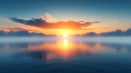 Obraz premium Sunrise over Misty Lake: A breathtaking sunrise paints the sky with vibrant oranges and yellows, its reflection mirrored perfectly in a calm lake shrouded in a mystical morning mist. 