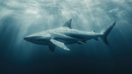Oceanic shark swims sunlit deep sea, dramatic lighting, nature documentary