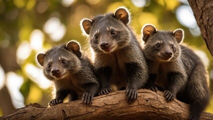 Obraz premium Three playful animals perched on a branch in a natural setting.