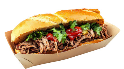a delicious sandwich filled with tender. shredded meat. topped with fresh herbs and sauces. served in a soft. crusty bread roll this appetizing dish is perfect for a hearty meal or snack. appealing to
