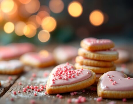 Heart-shaped cookies with pink icing and sprinkles on a rustic wooden surface, surrounded by soft festive bokeh lights. Horizontal Valentine's Day treat.