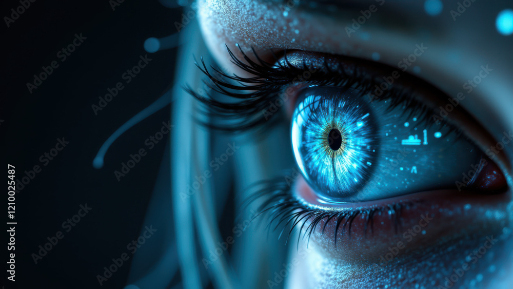 Poster a close-up view of an artificial human eye with intricate cybernetic details and blue glow, symboliz