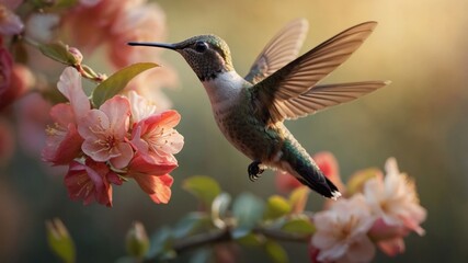 Fototapeta premium A hummingbird hovering near pink flowers in a serene natural setting.
