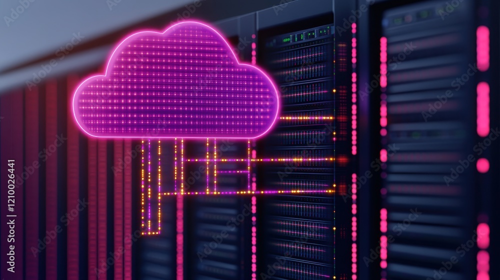 Poster futuristic cloud storage concept with vibrant neon design representing digital data management and c