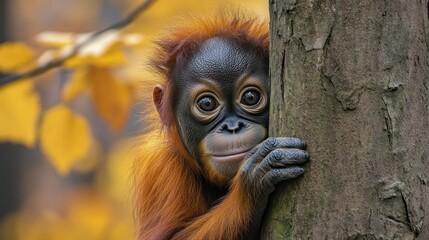 Fototapeta premium Orangutan baby autumn forest portrait