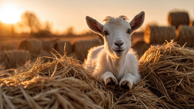 A cute goat resting on straw bales during sunset, showcasing rural life and tranquility.