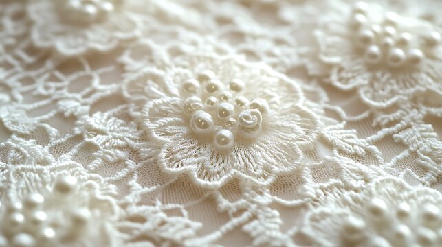 Delicate Lace Detail: A close-up showcasing intricate white lace with pearl embellishments, creating a timeless and elegant texture. The delicate floral pattern adds a touch of femininity.