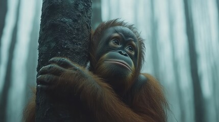 Orangutan, clinging, forest, misty, arboreal, wildlife