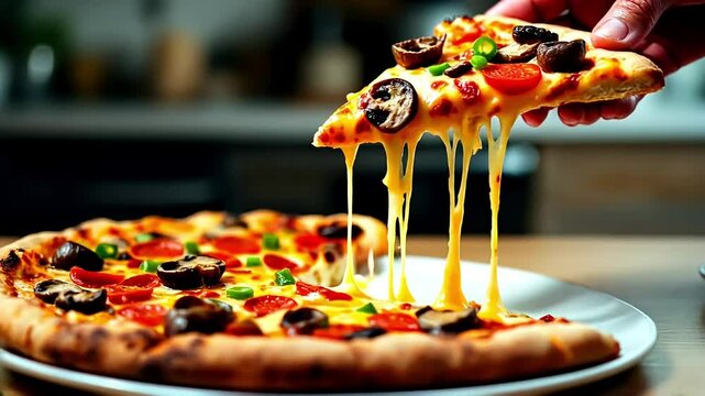 Delicious Pizza Slice with Melted Cheese A Tempting Close Up Shot of a Pizza Slice Being Lifted Showing Strings of Melted Cheese