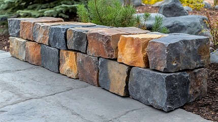 Stone Wall Landscape:  A visually appealing stone wall constructed with natural, textured stones in earthy tones. The wall is a perfect backdrop for a rustic garden, patio, or walkway.