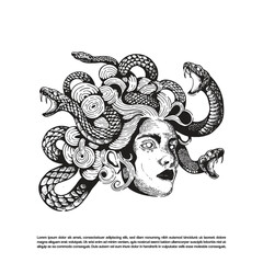 Hand drawn Medusa snake hair dark art vector. Beauty Goddess dark art illustration