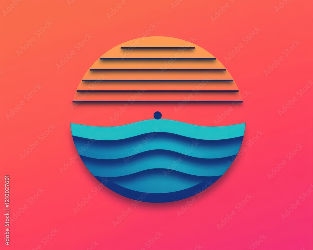 Poster stylized sunset graphic with layered waves and colorful design elements for modern artistic use.