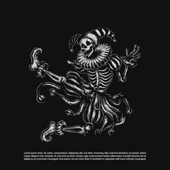 Ink hand drawn dark art skeleton clown. Dancing Jester clown costume isolated on black background