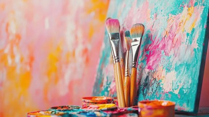 Fototapeta premium Vibrant Brushes and Expressive Palette on Colorful Background