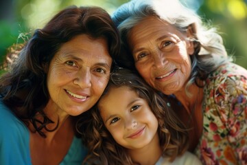 Three generations of women smiling together, enjoying family time outdoors