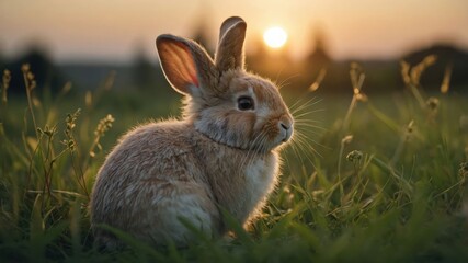 Fototapeta premium A serene rabbit sits in a grassy field during sunset, capturing a peaceful moment in nature.