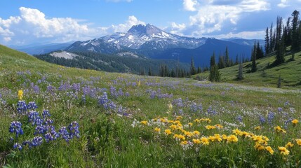 Fototapeta premium Mountain spring landscape with wildflowers in the foreground and snow-capped peaks in the background