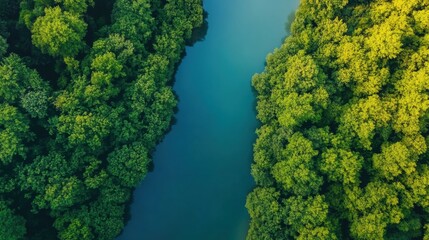 Naklejka premium Nature background showcasing a calm river surrounded by vibrant green forest