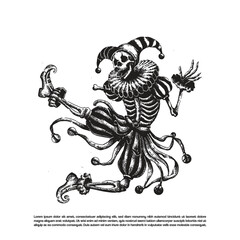 Vintage retro grunge dark art skeleton clown. Dancing Jester clown costume vector illustration