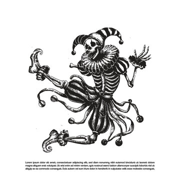 Vintage retro grunge dark art skeleton clown. Dancing Jester clown costume vector illustration