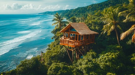 A wide shot of an open-air wooden treehouse in the middle of green palm trees, overlooking blue ocean waves and a tropical jungle, 
