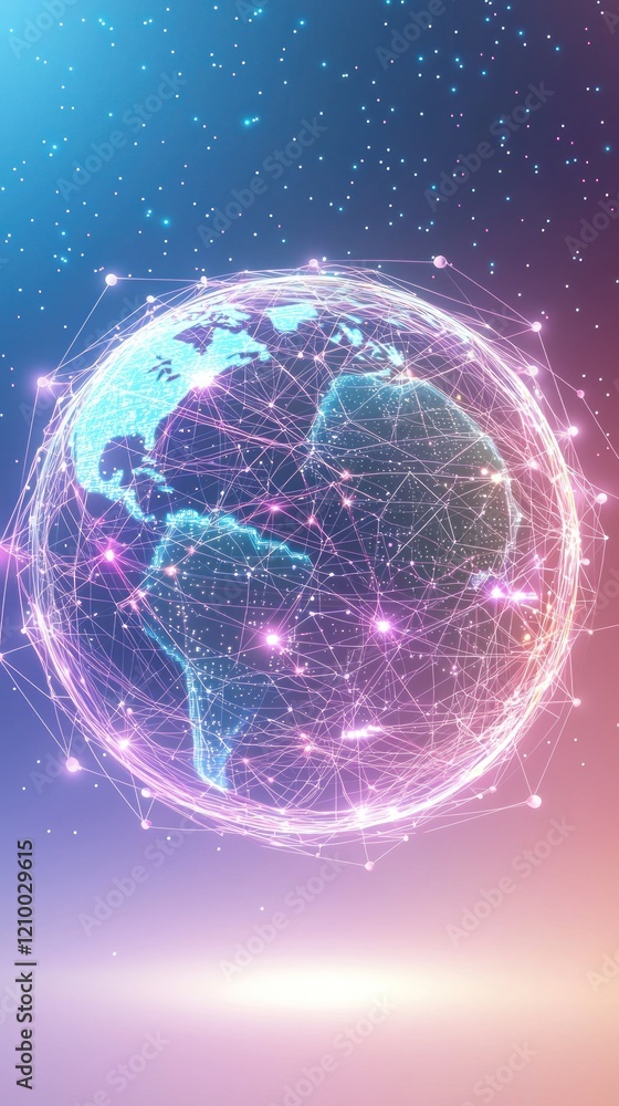 Poster a glowing, 3d-rendered globe with digital connections and data streams, set against a gradient cosmi