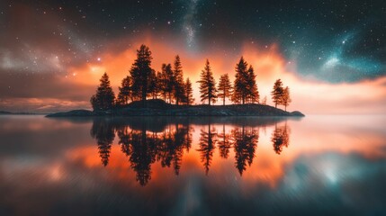 Fototapeta premium Peaceful Lakeside Forest Landscape at Sunset with Reflected Glow