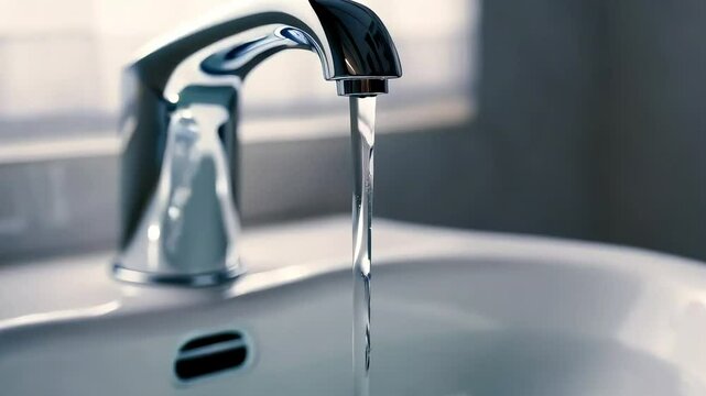 Water flowing from the tap in the modern kitchen sink. Clean water running from the faucet, splashing into the sink, fresh water stream flowing