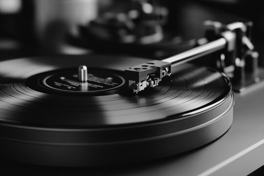 modern vinyl record player spinning a black vinyl disc close-up, vintage music vibes stylish monochrome setup