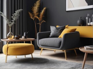 living room interior with Nickel Gray armchair, dark pillow, Golden Yellow sideboard