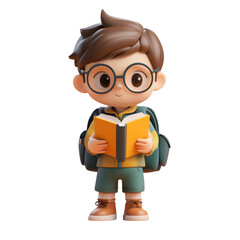 3D render of a cute and happy school boy reading a book isolated on transparent background