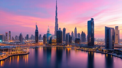 Fototapeta premium Stunning Sunset Cityscape of Dubai Skyline With Iconic Skyscrapers Reflecting in the River
