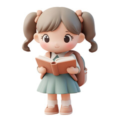 Fototapeta premium 3D render of a cute and happy school girl reading a book isolated on transparent background