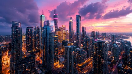 Obraz premium Glimmering Cityscape at Sunset with Towering Skyscrapers and Illuminated Streets
