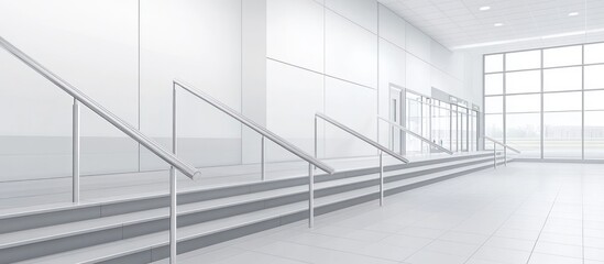 Modern building interior; stairs, glass doors, large window, lobby; architectural design