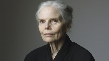 Obraz premium Elegant elderly woman portrait, studio shot, gray background, calm expression, advertising