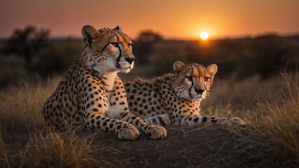 Two cheetahs resting in a serene landscape during sunset.