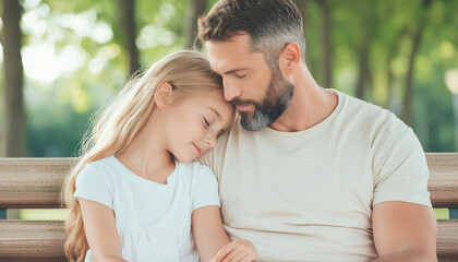 Fototapeta premium father and daughter share tender moment, sitting closely on bench in serene park. girl leans her head on her father shoulder, showcasing their strong bond and affection