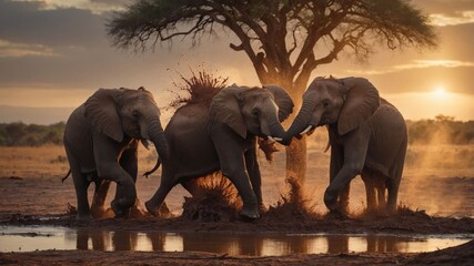 Three elephants playfully splash in water at sunset, showcasing wildlife in a natural habitat.