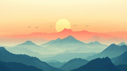 Nature background showcasing a peaceful sunrise over rolling mountain peaks