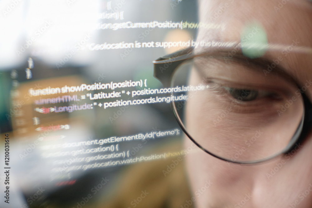 Poster extreme close up of male it programmer wearing glasses looking at computer screen with lines of code