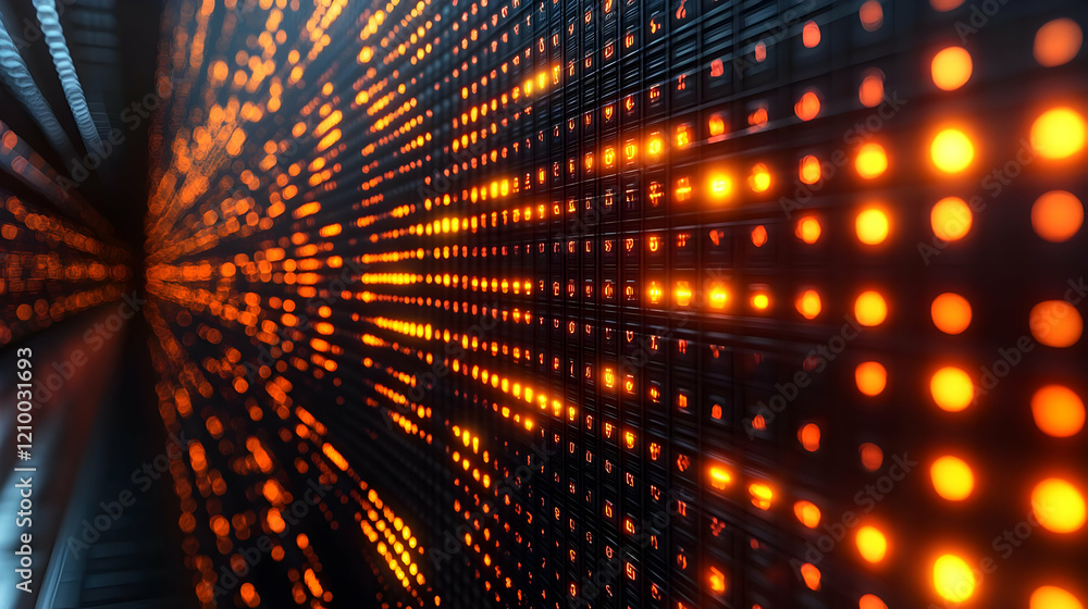 Poster abstract digital data stream: glowing orange network tunnel