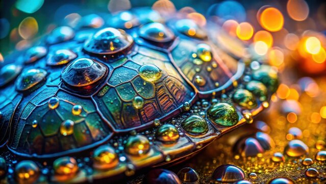 Close-up view of a turtle shell adorned with iridescent water droplets, bathed in warm and cool light, creating a captivating display of nature's beauty