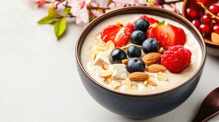 Almond Tofu Pudding with Fresh Fruit and Nuts in a Decorative Bowl