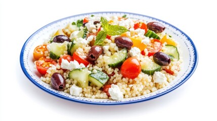 A colorful plate of Mediterranean couscous salad with couscous, cherry tomatoes, cucumber