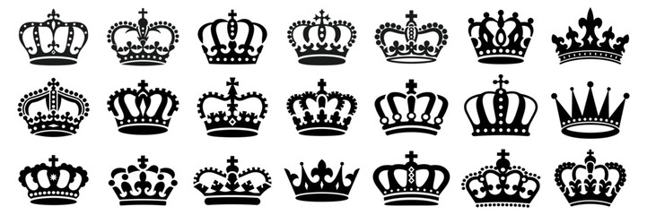Set of 21 black vector crown silhouettes, isolated on white background