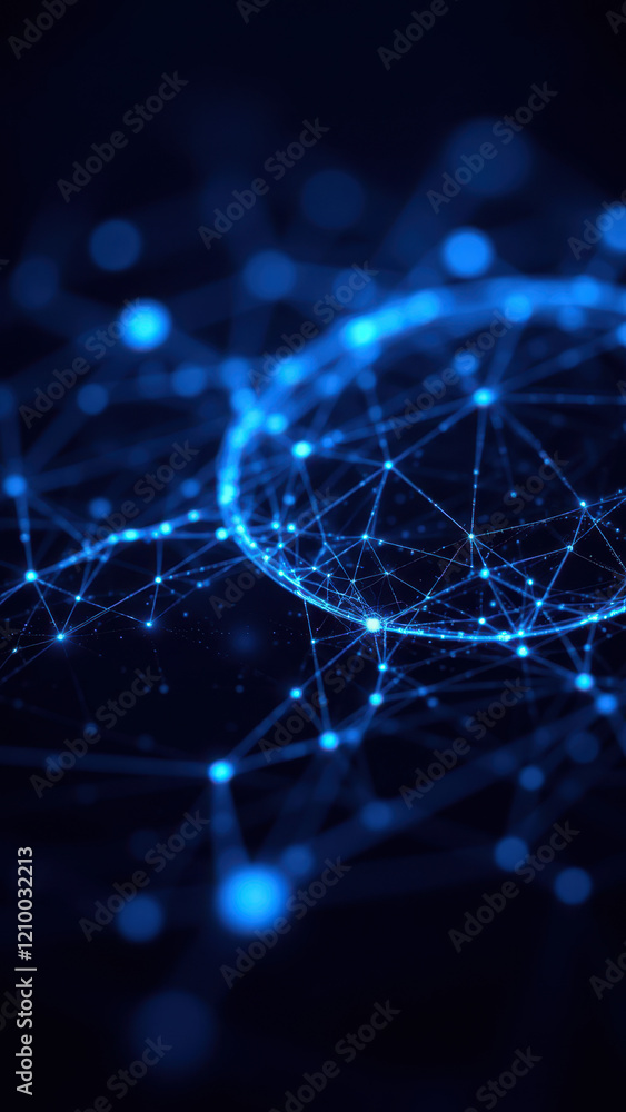 Poster advanced ai neural network with interconnected nodes glowing bright blue against black background.