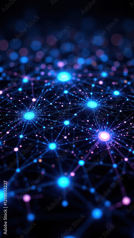Poster ai neural network with interconnected nodes glowing in blue.